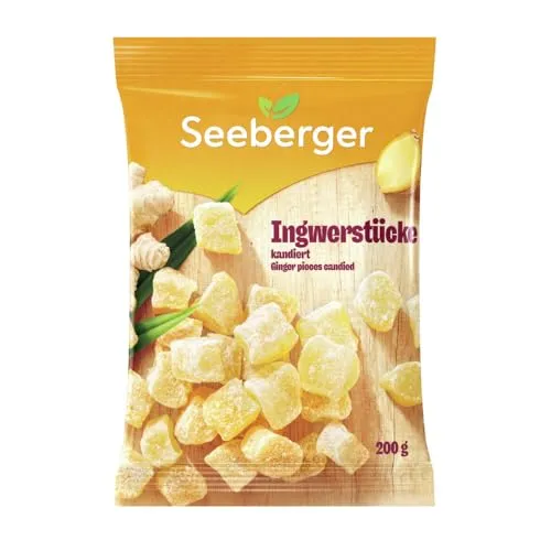 Seeberger Ingwerstücke kandiert - Vegane Snacks mit scharfherbem Geschmack (1 x 200 g) - Süßigkeiten & Knabbereien: Bissfeste Ingwerstücke, perfekt zum Snacken oder für kreative Backideen. Reich an Vitaminen und ideal für dein Immunsystem - natürlich und lecker!