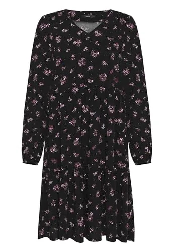 zero Damen Blusenkleid mit Blumen 34, Black/Pink - Elegantes Blusenkleid in A-Linie mit V-Ausschnitt und raffiniertem Drapé. Ideal für besondere Anlässe oder den Alltag, bietet es eine schmeichelhafte Silhouette und hohen Tragekomfort.