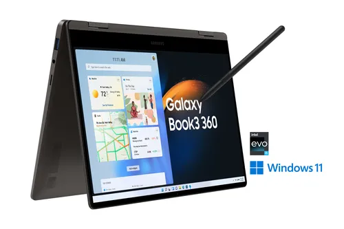 Samsung Galaxy Book3 360 13'' i5 Notebook mit S Pen - 2-in-1 Laptop/Tablet mit 8 GB RAM und 512 GB SSD, ideal für kreative Arbeiten und unterwegs – ausgestattet mit Windows 11 und Intel Iris Xe Graphics.