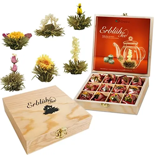 Creano Teeblumen Geschenkset - 12 Erblühtee in edler Holzbox - Weißer Tee in 6 Sorten, ideal als Geschenk für Teeliebhaber. Jede Teeblüte ist bis zu 3x aufgießbar und sorgt für ein beeindruckendes Teeerlebnis.