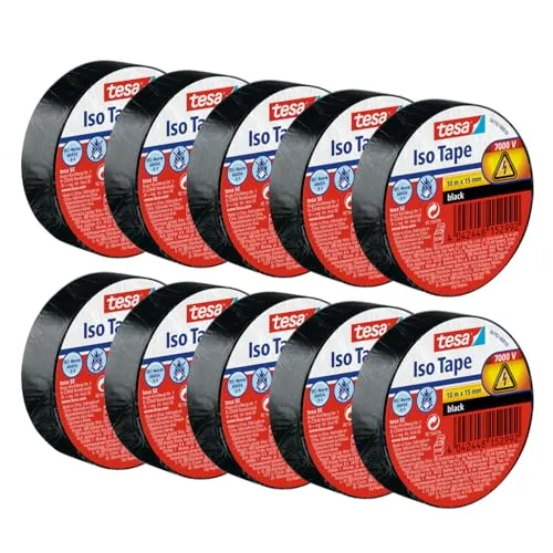 tesa Isolierband im 10er Pack - Selbstklebendes hitzebeständig - Zum Isolieren, Reparieren und Bündeln - 10 m - Schwarz