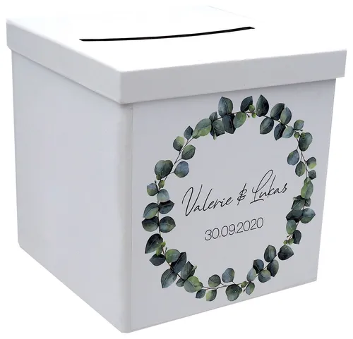 ZauberDeko Geschenkbox Briefbox Eukalyptus Hochzeit - Personalisierte Briefbox in elegantem Eukalyptus-Design für Hochzeiten. Ideal zum Sammeln von Glückwunschkarten und Geldgeschenken. Maße: 20x20x20 cm, stabiler Karton.