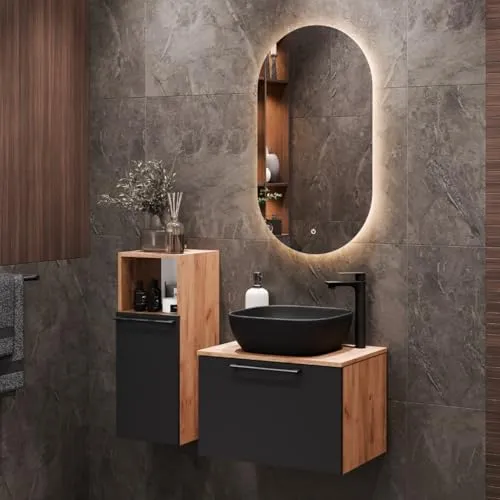Planetmöbel Badmöbel-Set Astra - Elegantes Badmöbel-Set mit Waschtisch, Waschbecken und Spiegel, modernes Design in Schwarz und Gold Eiche, inklusive Midischrank für zusätzlichen Stauraum.