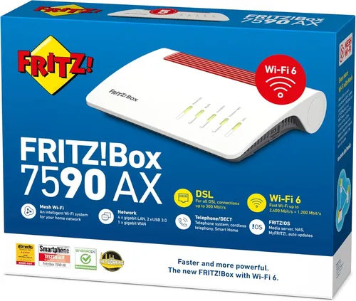 AVM FRITZ!Box 7590 AX Exclusive Edition - Wi-Fi 6 DSL-Router mit 2.400 MBit/s (5GHz) und 1.200 MBit/s (2,4 GHz), inklusive 64 GB SanDisk USB-Stick und leistungsstarker WLAN Mesh Technologie