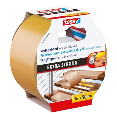tesa Verlegeband extra stark klebend - Doppelseitiges Klebeband für Teppich und PVC-Belag - 5 m x 50 mm - Sicherer Halt für Teppiche und PVC-Bodenbeläge: Das extra starke doppelseitige Klebeband sorgt für rutschfesten Boden, ist einfach in der Anwendung und feuchtraumgeeignet - ideal für jeden Einsatzbereich.