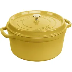 STAUB Gusseisen Bräter Cocotte 28 cm - Citron - Runder Bräter aus emailliertem Gusseisen mit 6,7 L Volumen und Aromaregen Funktion für saftige Ergebnisse. Ideal für alle Herdarten, inkl. Induktion und Backofen. Perfekt zum Anbraten und stilvollen Servieren!