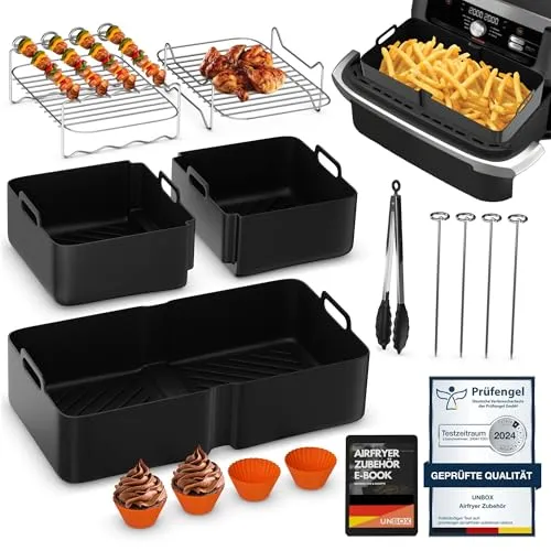 UNBOX Airfryer Zubehörset für Ninja Foodi Flexdrawer 10,4L & Cosori Dual Blaze XXL 10L - Umfangreiches 15-teiliges Zubehörset aus BPA-freiem Silikon und rostfreiem Edelstahl für gleichmäßiges Garen und kreative Grillmöglichkeiten, ideal für Familienportionen.