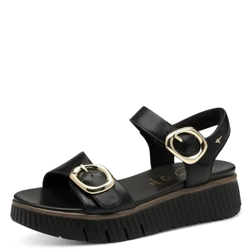 Tamaris Comfort Damen Sandalen flach aus Leder Plateau, Schwarz (Black), 38 EU - Wanderschuhe mit Multi-Adjustable-Technologie für individuelle Passform, aus hochwertigem Leder für optimalen Komfort und stilvolle Eleganz an sonnigen Tagen.