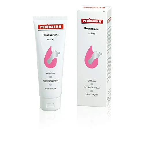PEDIBAEHR Rosencreme mit Urea 125ml - Hochwertige Lotion für trockene und rissige Haut. Mit Urea, Sheabutter und Olivenöl spendet sie Feuchtigkeit und sorgt für geschmeidige Füße. Genießen Sie das angenehme Hautgefühl und den zarten Rosenduft.