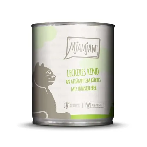 MjAMjAM - Premium Nassfutter für Katzen - leckeres Rind an gedämpftem Kürbis, 6er Pack (6 x 800 g), getreidefrei mit extra viel Fleisch