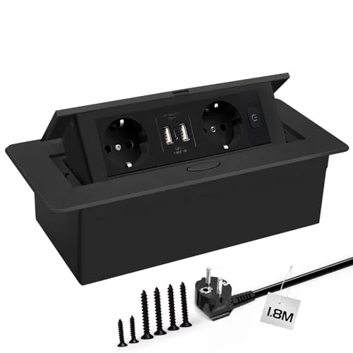 Steckdosenleiste, versteckter Pop-up-Steckdosenschrank mit 2 Steckdosen und 2 USB-Ports Typec Connection Box, Schwarz