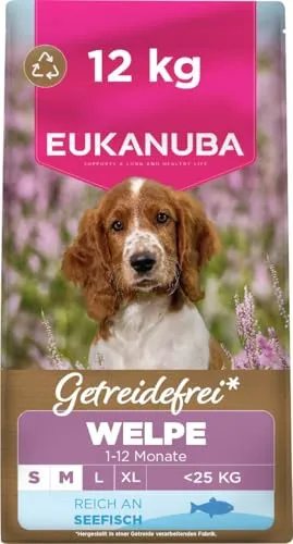 Eukanuba Puppy & Junior S/M mit Seefisch - Getreidefreies Hundefutter 12 kg - Hochwertiges Hundefutter für Welpen und Junghunde, mit schmackhaftem Seefisch und ohne Getreide. Ideal für eine ausgewogene Ernährung und gesunde Entwicklung.