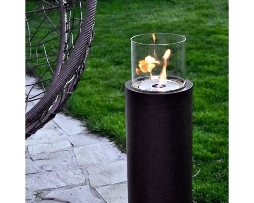 GLOW FIRE Ethanolkamin Emma Säule - Dekokamin in Schwarz/Silber mit echter Flamme, ideal für drinnen und draußen. Genießen Sie ein romantisches Ambiente und Wärme ohne Ruß oder Asche.