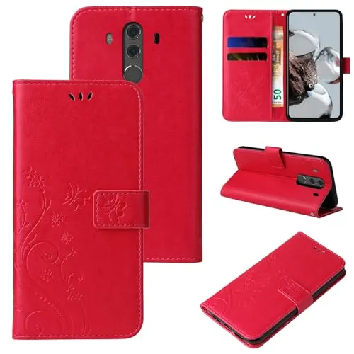 LBH Handy Hülle für Huawei Mate 10 Pro Case Handytasche Schmetterling Blumen Flower Standfunktion Schutzhülle Magnet Rundum Schutz 360 Grad Flipcase Cover Rot