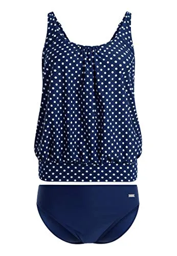 Oversize-Tankini LASCANA Damen, Gr. 48, blau (marine, weiß) - Modische Bademode im Pünktchen-Design mit figurfreundlichem Oversize-Schnitt und stützendem Shaping-Einsatz, ideal für einen komfortablen Strandtag.