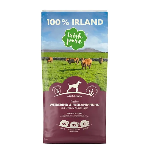 Trockenfutter Irish Pure | Irisches Weiderind & Freiland-Huhn - Hundefutter - 100% getreidefreies Trockenfutter mit 65% Fleischanteil aus artgerechter Haltung und 32% frischem Gemüse für optimale Ernährung und Wohlbefinden.