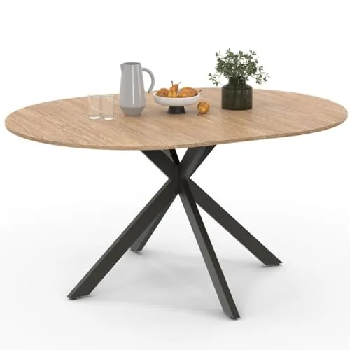 IDMarket Ausziehbarer Runder Esstisch ALIX für 4-8 Personen - Vielseitiger Esstisch ALIX mit ausziehbarem Design (110-150 cm), kombiniert Holz und schwarzes Metall für stilvolle Innenräume.