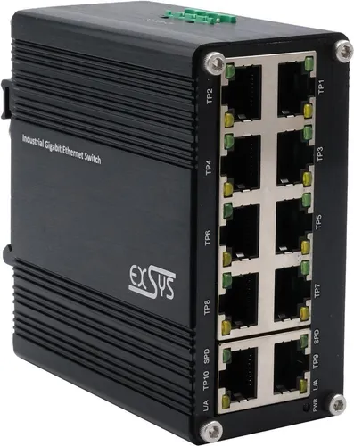 EXSYS EX-62025 10-Port Industrie Ethernet Switch - Industrie Ethernet Switch mit 10 Gigabit-LAN-Anschlüssen, ideal für anspruchsvolle Netzwerkumgebungen und Rackmontage.