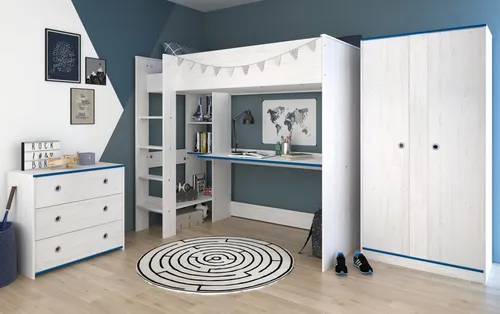 Parisot Jugendzimmer-Set Tivaro, (Kinderzimmer 3-teilig mit Hochbett, Kommode, und Kleiderschrank), integrierter Schreibtisch