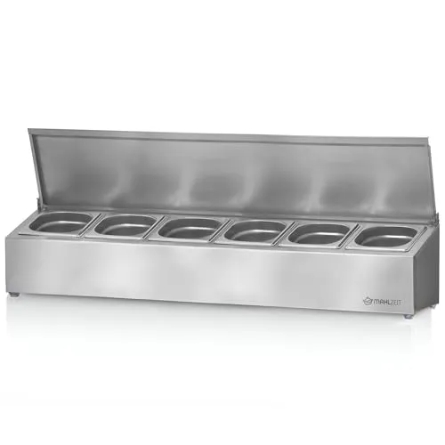 Mahlzeit Edelstahl Zutatenbehälter | 1/6 GN Catering Behälter mit Gummifüßen - Zutatenbehälter für Gastro und Küche, ideal für schnelle Arbeitsabläufe und frische Zutaten dank perfekt schließendem Deckel und rutschfesten Gummifüßen.