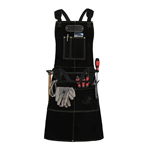 Black Forest Fox ROUGH Arbeitsschürze - Hochwertige Lederschürze aus Büffel Wild Leder, extra lang für optimalen Schutz bis zum Knie. Ideal für Gastronomie, Barista und Grillliebhaber. Flexibles Design mit 6 Taschen für Werkzeuge.