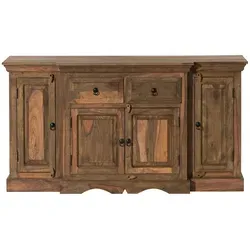 Sideboard Sheesham 160x40x85 grau geölt LEEDS #02 - Elegantes Sideboard im Landhausstil aus massivem Sheesham-Holz. Mit viel Stauraum in geschlossenen Fächern und Schubladen. Das grau geölte Finish hebt die natürliche Holzmaserung hervor und sorgt für rustikales Flair.