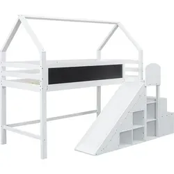 Multifunktionales Kinderbett mit Rutsche und Graffiti-Tafel 90x200cm Weiß - Dieses kreative Kinderbett bietet eine Rutsche und eine Kritzeltafel, die das Spielen und die Kreativität fördern. Mit Stauraum für Spielzeug und Bücher sorgt es für Ordnung im Kinderzimmer.