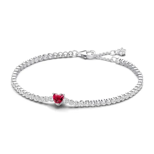PANDORA Timeless Rotes Funkelndes Herz Tennisarmband aus Sterling-Silber - Bead Charms für Damen, zeitloses Design mit rotem Kristall und funkelnden Steinen, perfektes Geschenk für die Liebste.