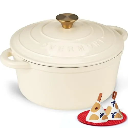 Overmont Gusseisen Bräter 26cm - Vielseitiger Schmortopf mit Deckel und Kochbuch - Kasserollen für vielseitige Kochmöglichkeiten: Ideal zum Schmoren, Braten und Brotbacken. Emailliertes Gusseisen sorgt für optimale Wärmeverteilung und -speicherung.