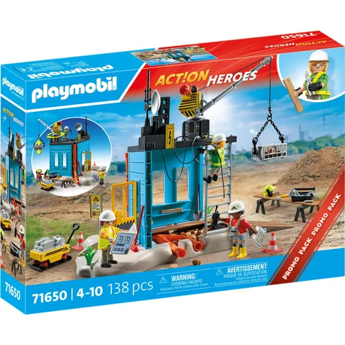 PLAYMOBIL Action Heroes Promo Pack 71650 - Baustellen-Spielset mit 3 Figuren und beweglichem Kran, detailreiches Spielzeug für kreative Bauprojekte ab 4 Jahren