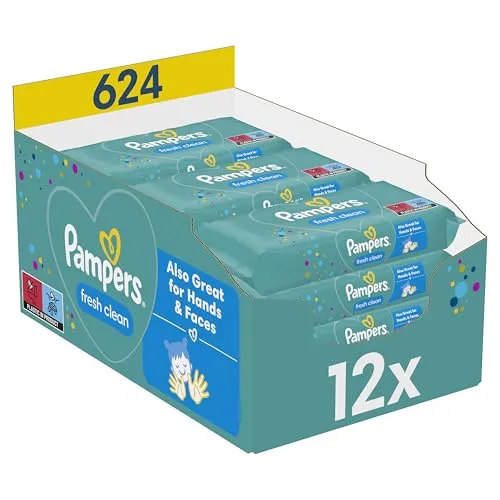 Pampers Fresh Clean Baby Feuchttücher - 624 Tücher mit frischem Duft - Praktische Baby Feuchttücher für die sanfte Reinigung, mit frischem Duft, ideal für die Wickelzeit. 12 x 52 Stück sorgen für jederzeit frische Pflege.