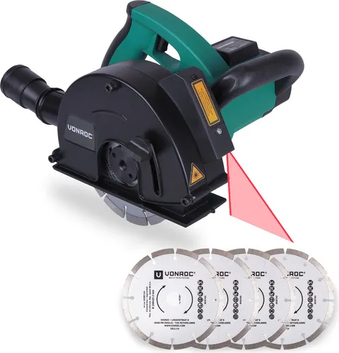 VONROC Mauernutfräse 1700W mit Laserführung - Kraftvolle Mauernutfräse mit 1700W, ideal für präzise Kabelschlitze in Stein und Beton. Inklusive Staubsaugeranschluss und 6 Diamantscheiben für sofortigen Einsatz.