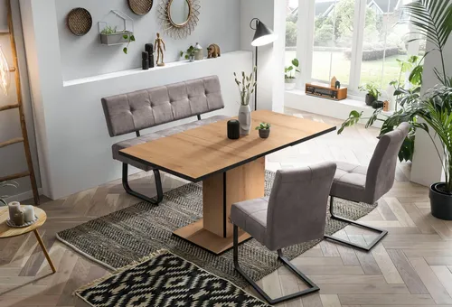 HELA Essgruppe Luise I G - 4-tlg. Set mit Komfortsitz - Essgruppen mit Federkernpolsterung für höchsten Sitzkomfort, ausziehbarer Tisch in Artisan Eiche/Vintage Grau, ideal für gesellige Runden und stilvolle Esszimmergestaltung.