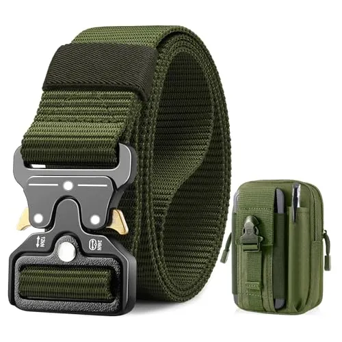 BESTKEE Taktischer Gürtel, 3,8 cm Militär Arbeitsgürtel, Schwerlast Nylon Schwarz Gürtel mit Schnellverschluss-Metallschnalle, Geschenk mit Taktischem Molle-Beutel für Outdoor Jagen