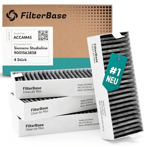 FilterBase® Aktivkohlefilter 4er Set - passend für BSH, Siemens, Bosch, Neff, Gaggenau und Constructa - Dunstabzugshaubenfilter, effektiver CleanAir Geruchsfilter mit offenporiger Aktivkohle zur neutralen Luftreinigung und 60 Tage Zufriedenheitsgarantie.