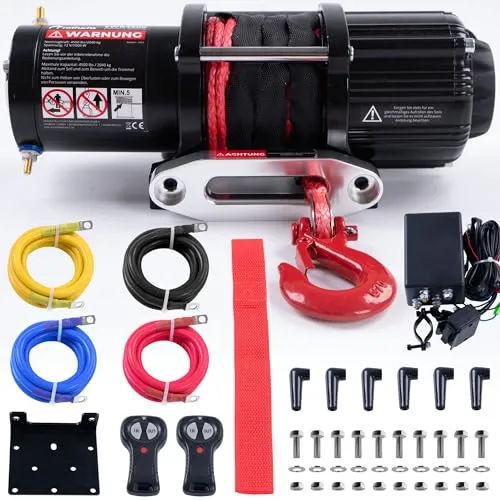 ROTFUCHS Elektrische Seilwinde 12 Volt - 4500 lbs - Elektrische Winden mit hoher Tragfähigkeit von 2041 kg, ideal für ATV, UTV und Offroad-Einsätze. Ausgestattet mit Fernbedienung für einfache Steuerung und robustem Synthetikseil für maximale Sicherheit.