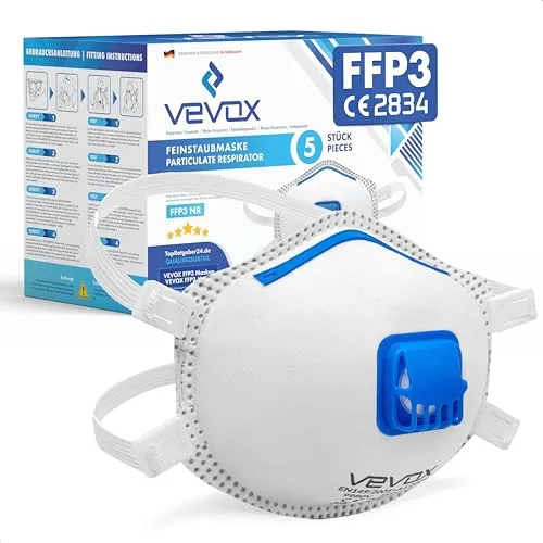 VEVOX FFP3 Atemschutzmasken mit Ventil – 5er Set - Mund-Nasen-Masken mit FFP3 Schutzklasse, ideal gegen Feinstaub, Schimmel und Asbest. Komfortable Passform durch Doppelnaht und Nasenbügel.
