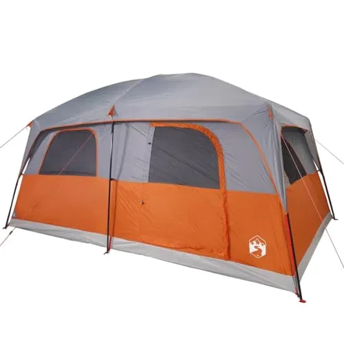 vidaXL Familienzelt für 10 Personen, Campingzelt mit Netzwände, Wasserdicht Gartenzelt mit 2 E-Anschlüssen, Wanderzelt, Grau Orange 185T Polyester