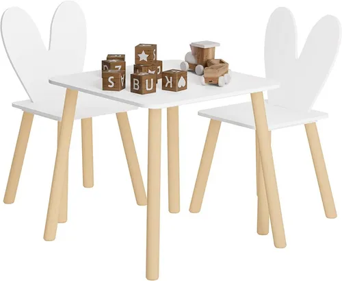Woltu Kindersitzgruppe mit Tisch und 2 Stühlen – Weiß - Hochwertige Kindersitzgruppe aus MDF und Massivholz mit abgerundeten Ecken. Ideal für kreative Spielstunden und zur Förderung von sozialen Fähigkeiten. Einfache Montage und pflegeleicht!