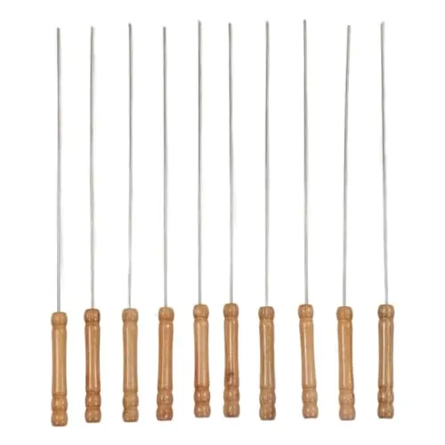 Pack of 10 Barbecue Skewers, Stainless Steel Barbecue Skewers with Wooden Handle Reusable Skewers