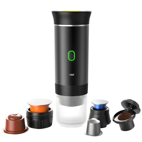 Tragbare 3-in-1 Kaffeemaschine mit Akku – Mini Espressomaschine für unterwegs mit USB-C Selbsterhitzung – Kompatibel mit Nespresso, Dolce Gusto Kapseln & Gemahlenem Kaffee – Perfekt für Camping