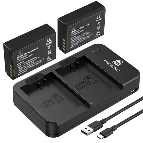 Homesuit LP-E10 Akku 1600mAh & Dual LED Ladegerät Kit für Canon EOS 1100D, EOS 1200D, EOS 1300D, EOS 2000D, EOS Rebel T3, T5, T6, T7, Kiss X50, Kiss X70 Kamera (2er-Pack)
