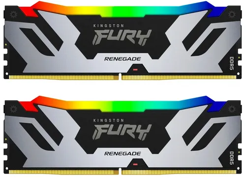 Kingston FURY Renegade RGB Silber 32GB DDR5-6400 Arbeitsspeicher - Arbeitsspeicher mit 32GB (2x16GB) Kapazität, beeindruckender RGB-Beleuchtung und hoher Geschwindigkeit von 6400 MHz für optimierte Gaming-Performance.