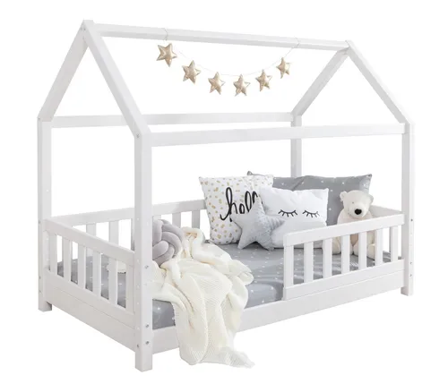 TiCAA Kinderbett Hausbett "Kay" 80x160 Kiefer weiß - Stilvolles Kinderzimmermöbel aus massiver Kiefer, das mit seiner minimalistischen Optik und der Liegefläche von 80x160 cm zum Träumen und Spielen einlädt.