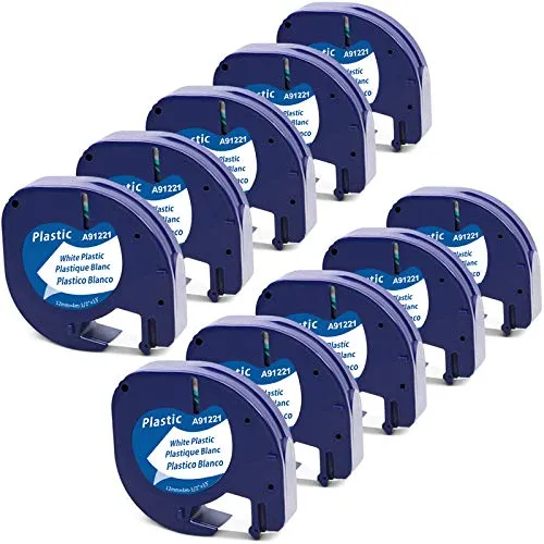 Packung MarkField Kompatibel Etikettenband als Ersatz mit Dymo Letratag Kunststoff Schriftband 91221 für LT-100H LT-100T Schwarz auf Weiß 12mm x 4m, (Kompatibel mit Dymo Letratag Plastic White) 10