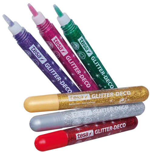 tesa Glitter-Deco Glitzerstift - 6-er Packung, präzises und tropffreies Auftragen, ideal zum Basteln und Dekorieren