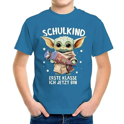 MoonWorks Kinder Jungen T-Shirt Einschulung Baby Schulkind Erste Klasse ich jetzt Bin Spruch lustig Schulanfang Ozean-blau 122-128 (7-8 Jahre)