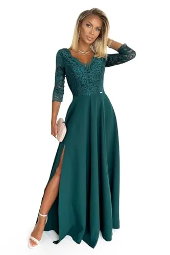 Numoco Formelles Frauenkleid Amber in Flaschengrün - Größe L - Elegantes langes Spitzenkleid mit herzförmigem Ausschnitt und Schlitz am Rock. Ideal für besondere Anlässe, gefertigt aus hochwertigem Material von der Marke Numoco.