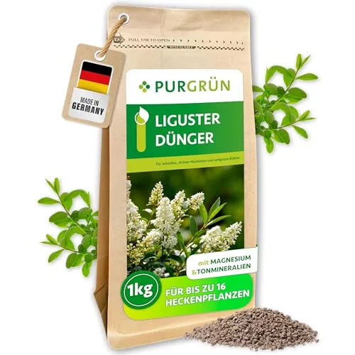 Purgrün® Liguster-Dünger 1 kg – Für sattgrüne, dichte Hecken - Dünger mit extra Magnesium und hohem Kaliumgehalt für gesunde Blätter und erhöhte Widerstandskraft. Ideal für ca. 30 Heckenpflanzen.