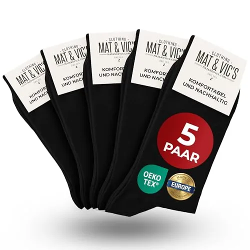Mat & Vic's schwarze Socken Herren 39-42, feine Strümpfe aus Cotton Baumwolle gekämmt, Herrensocken für Freizeit, für Business Männer Damen, schwarz/black socks men & women, 5 Paar